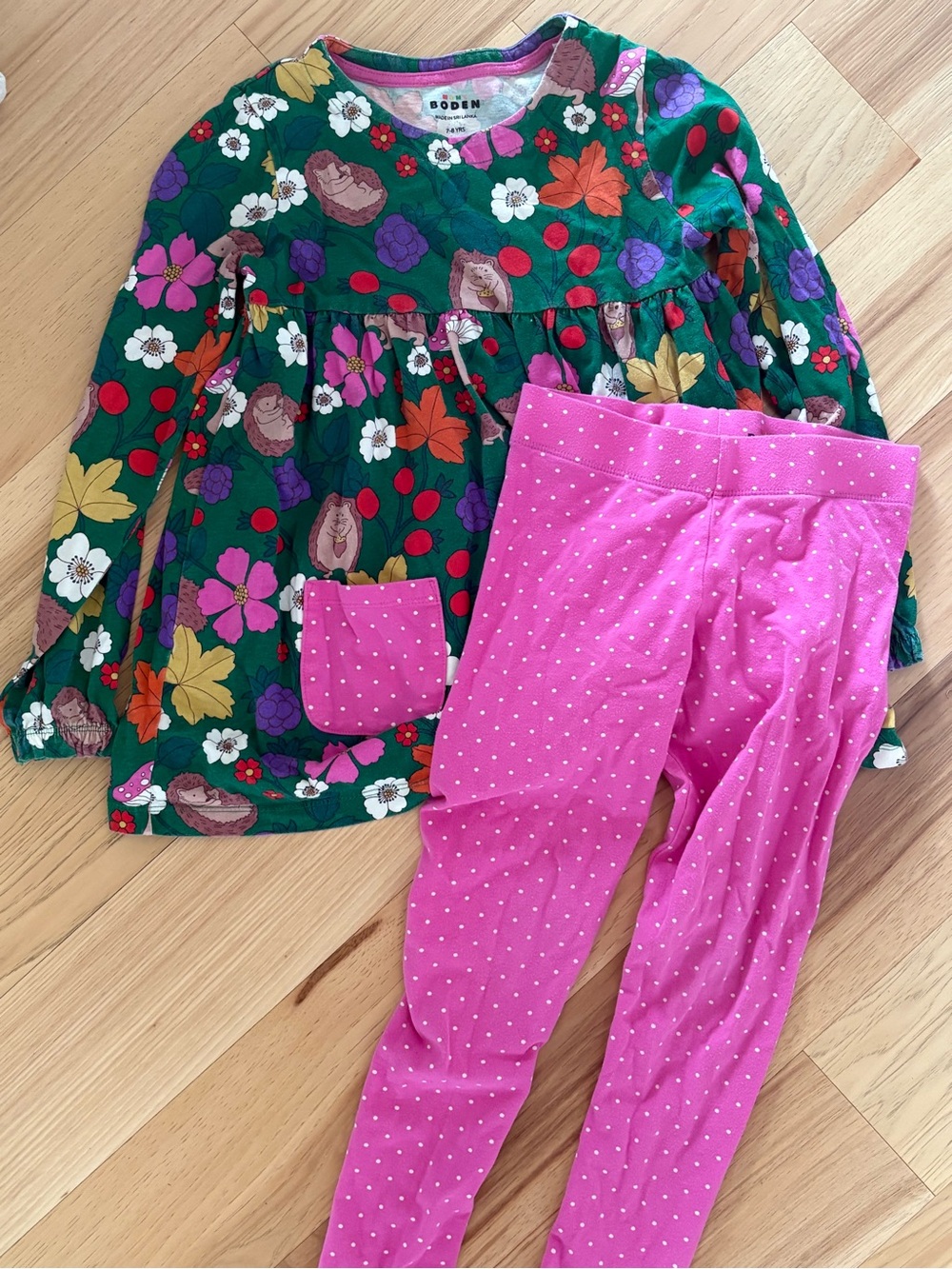 Mini Boden Green Floral Tunic with Pink Polka Dot Leggings